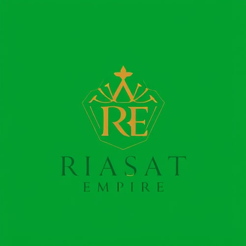 AI Design for Emblem for an e-commerce company named Riasat Empire: a stylized crown integrated with a subtle "RE", representing royalty and a grand marketplace. Emerald green and gold, with a clean, modern sans-serif font. Design inspired by Royal architecture and modern luxury branding, with sharp geometric lines and a sophisticated, premium feel. Visual execution should be clean, scalable, and memorable. Solid background.
