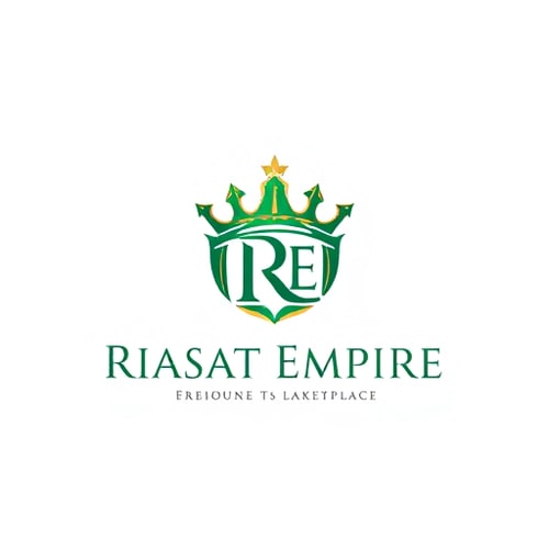 AI Design for Emblem for an e-commerce company named Riasat Empire: a stylized crown integrated with a subtle "RE", representing royalty and a grand marketplace. Emerald green and gold, with a clean, modern sans-serif font. Design inspired by Royal architecture and modern luxury branding, with sharp geometric lines and a sophisticated, premium feel. Visual execution should be clean, scalable, and memorable. Solid background.