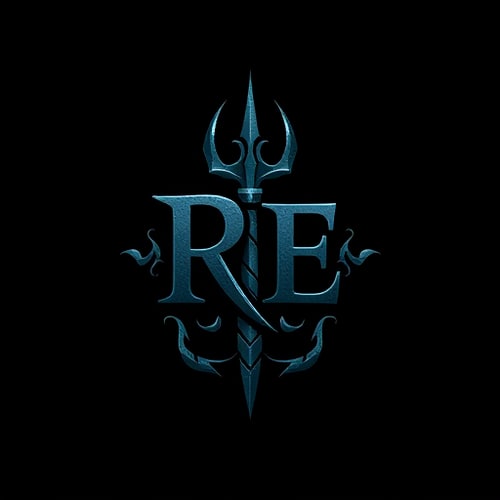 AI Design for design a logo for RE With Trident in dark shade