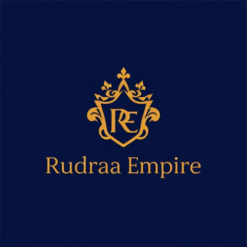 AI Design for Emblem for an e-commerce company named Rudraa Empire: a stylized crown integrated with a subtle "RE" signifying royalty and a grand marketplace, gold and deep navy blue, clean modern sans-serif font. Design inspired by Royal architecture and modern luxury branding, with sharp geometric lines and a sophisticated, premium feel, clean, scalable, and memorable visual execution, solid deep navy blue background.