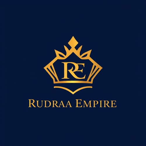 AI Design for Emblem for an e-commerce company named Rudraa Empire: a stylized crown integrated with a subtle "RE" signifying royalty and a grand marketplace, gold and deep navy blue, clean modern sans-serif font. Design inspired by Royal architecture and modern luxury branding, with sharp geometric lines and a sophisticated, premium feel, clean, scalable, and memorable visual execution, solid deep navy blue background.