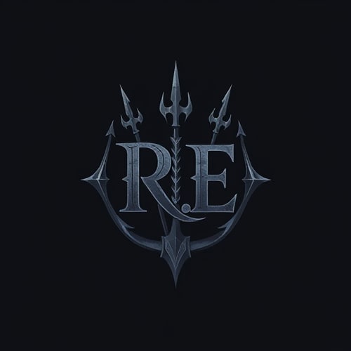 AI Design for design a logo for R.E With Trident in dark shade