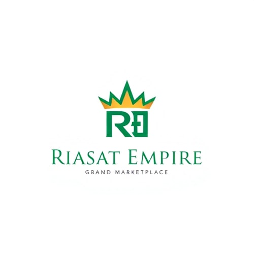 AI Design for Minimalist emblem for an e-commerce company named Riasat Empire: a stylized crown integrated with a subtle "RE", representing royalty and a grand marketplace. Emerald green and gold, with a clean, modern sans-serif font. Design inspired by Royal architecture and modern luxury branding, with sharp geometric lines and a sophisticated, premium feel. Visual execution should be clean, scalable, and memorable. Solid background.
