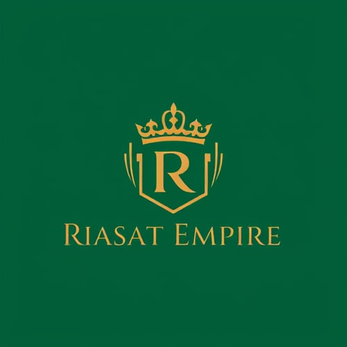 AI Design for Minimalist emblem for an e-commerce company named Riasat Empire: a stylized crown integrated with a subtle "RE", representing royalty and a grand marketplace. Emerald green and gold, with a clean, modern sans-serif font. Design inspired by Royal architecture and modern luxury branding, with sharp geometric lines and a sophisticated, premium feel. Visual execution should be clean, scalable, and memorable. Solid background.