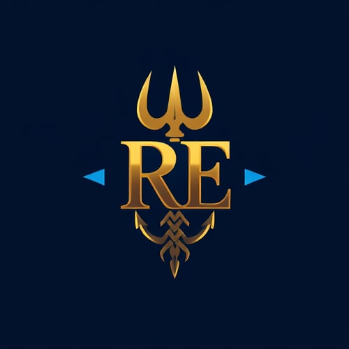 AI Design for design a logo for RE With Trident in gold and blue shade