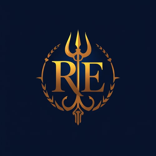 AI Design for design a logo for RE With Trident in gold and blue shade