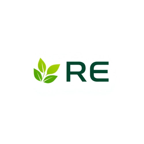AI Design for Letterform for a renewable energy company named "RE": Abstract representation of a leaf or a sun forming the letters "RE", modern sans-serif with a slight curve. Design inspired by nature and technology, clean lines with subtle gradients, white background.