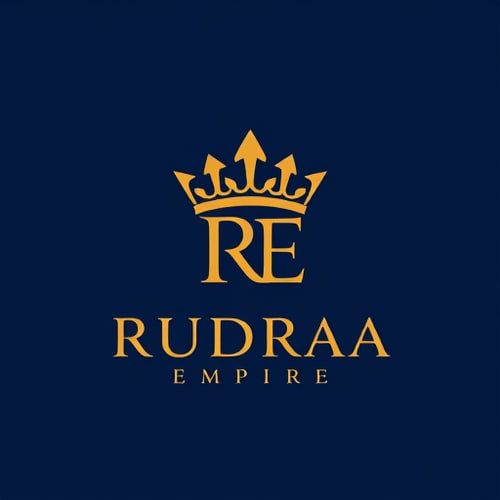 AI Design for Emblem for an e-commerce company named Rudraa Empire: a stylized crown integrated with a subtle "RE" signifying royalty and a grand marketplace, gold and deep navy blue, clean modern sans-serif font. Design inspired by Royal architecture and modern luxury branding, with sharp geometric lines and a sophisticated, premium feel, clean, scalable, and memorable visual execution, solid deep navy blue background with a trident