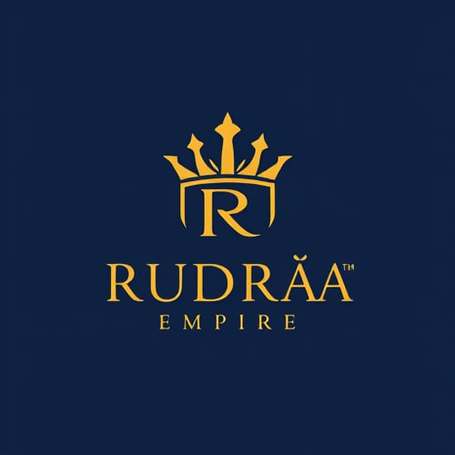 AI Design for Emblem for an e-commerce company named Rudraa Empire: a stylized crown integrated with a subtle "RE" signifying royalty and a grand marketplace, gold and deep navy blue, clean modern sans-serif font. Design inspired by Royal architecture and modern luxury branding, with sharp geometric lines and a sophisticated, premium feel, clean, scalable, and memorable visual execution, solid deep navy blue background with a trident