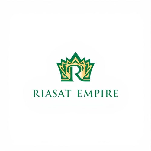 AI Design for Minimalist emblem for an e-commerce company named Riasat Empire: a stylized crown integrated with a subtle "R" or "RE", representing royalty and a grand marketplace. Emerald green and gold, with a clean, modern sans-serif font. Design inspired by Mughal architecture and modern luxury branding, with sharp geometric lines and a sophisticated, premium feel. Visual execution should be clean, scalable, and memorable. Solid background.