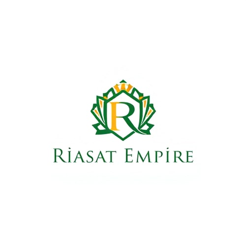 AI Design for Minimalist emblem for an e-commerce company named Riasat Empire: a stylized crown integrated with a subtle "R" or "RE", representing royalty and a grand marketplace. Emerald green and gold, with a clean, modern sans-serif font. Design inspired by Mughal architecture and modern luxury branding, with sharp geometric lines and a sophisticated, premium feel. Visual execution should be clean, scalable, and memorable. Solid background.