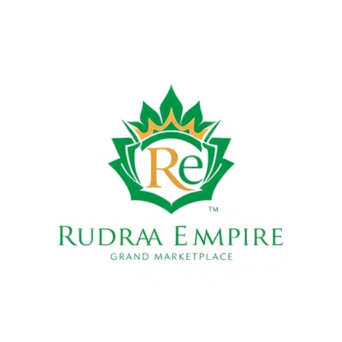 AI Design for Emblem for an e-commerce company named Rudraa Empire: a stylized crown integrated with a subtle "RE", representing royalty and a grand marketplace. Emerald green and gold, with a clean, modern sans-serif font. Design inspired by Royal architecture and modern luxury branding, with sharp geometric lines and a sophisticated, premium feel. Visual execution should be clean, scalable, and memorable. Solid background.
