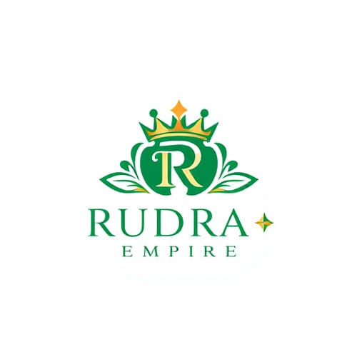 AI Design for Emblem for an e-commerce company named Rudraa Empire: a stylized crown integrated with a subtle "RE", representing royalty and a grand marketplace. Emerald green and gold, with a clean, modern sans-serif font. Design inspired by Royal architecture and modern luxury branding, with sharp geometric lines and a sophisticated, premium feel. Visual execution should be clean, scalable, and memorable. Solid background.