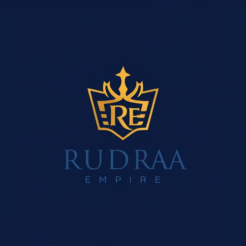 AI Design for Emblem for an e-commerce company named Rudraa Empire: a stylized crown integrated with a subtle "RE" signifying royalty and a grand marketplace, gold and deep navy blue, clean modern sans-serif font. Design inspired by Religious architecture and modern luxury branding, with sharp geometric lines and a sophisticated, premium feel, clean, scalable, and memorable visual execution, solid deep navy blue background with a trident