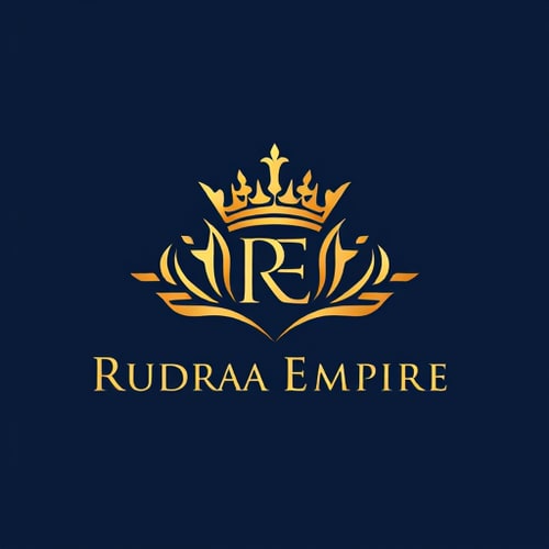 AI Design for Emblem for an e-commerce company named Rudraa Empire: a stylized crown integrated with a subtle "RE" signifying royalty and a grand marketplace, gold and deep navy blue, clean modern sans-serif font. Design inspired by Religious architecture and modern luxury branding, with sharp geometric lines and a sophisticated, premium feel, clean, scalable, and memorable visual execution, solid deep navy blue background with a trident