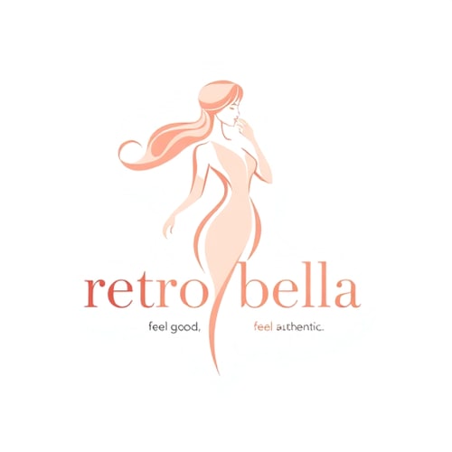 AI Design for Pictorial logo for an affiliate marketing brand named "Retro Bella": A stylized silhouette of a woman's body composed of flowing, elegant lines, conveying grace and authenticity. Light, pastel color palette of soft peach, dusty rose, and cream, with subtle touches of gold or rose gold for an elevated feel. Typography should be a modern, chic serif font for "Retro Bella" and a clean, legible sans-serif for the tagline "feel good, feel authentic." Design with a touch of retro-modern aesthetic, blending classic femininity with contemporary appeal. The lines forming the body should be delicate and fluid, suggesting movement and a sense of well-being. Subtle gradients or a very soft texture within the lines can add depth and sophistication. Plain white background.