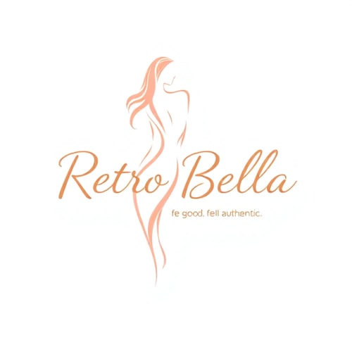 AI Design for Pictorial logo for an affiliate marketing brand named "Retro Bella": A stylized silhouette of a woman's body composed of flowing, elegant lines, conveying grace and authenticity. Light, pastel color palette of soft peach, dusty rose, and cream, with subtle touches of gold or rose gold for an elevated feel. Typography should be a modern, chic serif font for "Retro Bella" and a clean, legible sans-serif for the tagline "feel good, feel authentic." Design with a touch of retro-modern aesthetic, blending classic femininity with contemporary appeal. The lines forming the body should be delicate and fluid, suggesting movement and a sense of well-being. Subtle gradients or a very soft texture within the lines can add depth and sophistication. Plain white background.