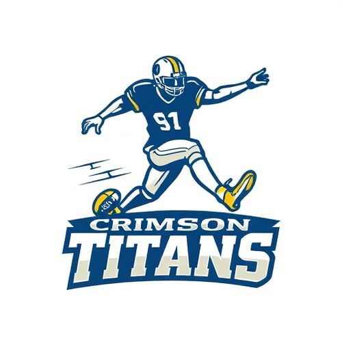 AI Design for Design a logo for football jersey. The logo should be made with a football player (not Rugby)) kicking the football, and The name of the team should be typed in a stylish bold font on the Bottom of the player. The name of the team is "Crimson Titans". The color of the logo will be Nav blue or Off-White.