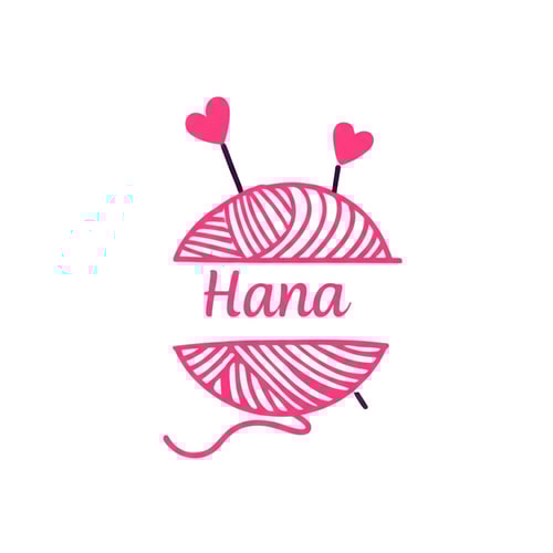 AI Design for The ball of knitting yarn should be complete and the text "Hana" should be written on the end of the yarn, and there should be two rods with the ends of the hearts inside the ball of yarn.