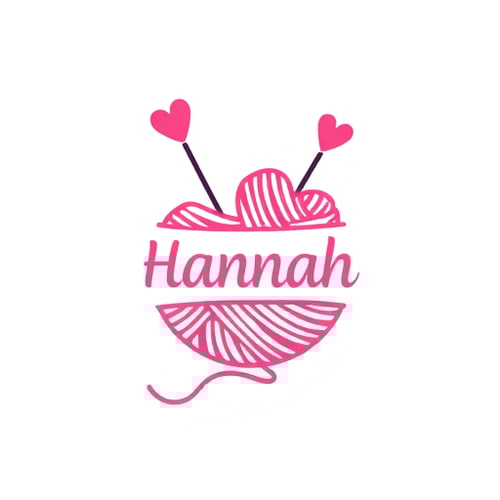 AI Design for I want a logo for a handmade knitted doll business. Make it from a ball of knitting yarn with the end of the yarn shaped like the text "Hannah" and two rods with the ends of hearts inside the ball of yarn. Add an element of excitement or surprise.
