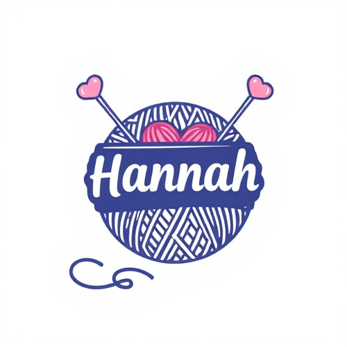 AI Design for I want a logo for a handmade knitted doll business. Make it from a ball of knitting yarn with the end of the yarn shaped like the text "Hannah" and two rods with the ends of hearts inside the ball of yarn. Add an element of excitement or surprise.