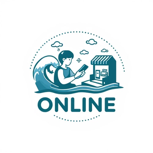 AI Design for Design a logo which has a person in a natural calamity like tsunami or earthquake is using an app in the phone and there is a local shop for food , there's a connection between the phone and the local shop in dotted curved like written online on it.The shop should be away from the user and ONLINE should be written over the dotted line , don't write online separately it should be over the dotted line made