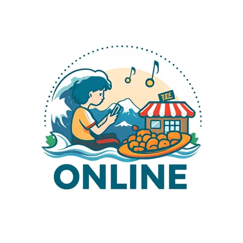 AI Design for Design a logo which has a person in a natural calamity like tsunami or earthquake is using an app in the phone and there is a local shop for food , there's a connection between the phone and the local shop in dotted curved like written online on it.The shop should be away from the user and ONLINE should be written over the dotted line