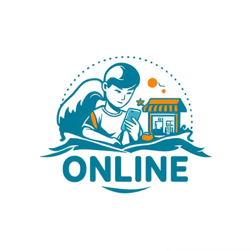 AI Design for Design a logo which has a person in a natural calamity like tsunami or earthquake is using an app in the phone and there is a local shop for food , there's a connection between the phone and the local shop in dotted curved like written online on it.The shop should be away from the user and ONLINE should be written over the dotted line