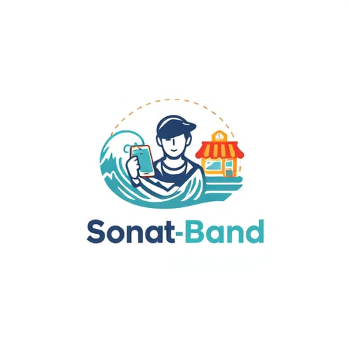 AI Design for Design a logo which has a person in a natural calamity like tsunami or earthquake is using an app in the phone and there is a local shop for food , there's a connection between the phone and the local shop in dotted curved like written online on it