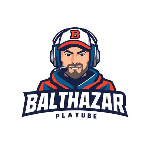 AI Design for Banner for a gaming YouTube channel featuring a guy in a cap and headphones with a microphone, titled BalthazarPlays