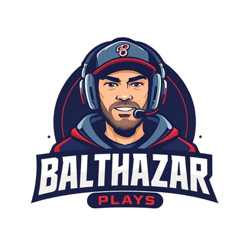 AI Design for Banner for a gaming YouTube channel featuring a guy in a cap and headphones with a microphone, titled BalthazarPlays