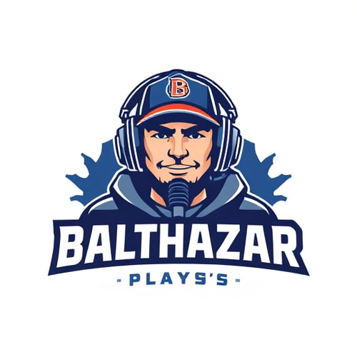 AI Design for Banner for a gaming YouTube channel featuring a guy in a cap and headphones with a microphone, titled BalthazarPlays