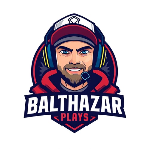 AI Design for Banner for a gaming YouTube channel featuring a guy in a cap and headphones with a microphone, titled BalthazarPlays