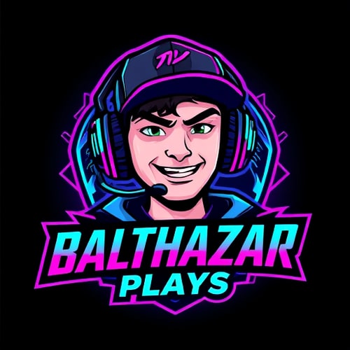 AI Design for Character logo for a gaming YouTube channel named "BalthazarPlays": A dynamic portrait of Balthazar, a young man wearing a stylish cap and high-quality gaming headphones with a prominent microphone. He should have an energetic and engaging expression, reflecting a passion for gaming. Dark, vibrant, and electric colors with accents of neon blue and purple. Bold, modern, and slightly futuristic typography for the channel name. Design with a cybernetic and futuristic influence, leaning towards a digital art style. Incorporate subtle gaming-related graphic elements like circuit board patterns or stylized controller icons within the character's design or background. A dark, textured background with subtle glowing effects.