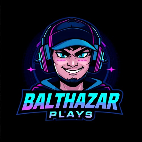AI Design for Character logo for a gaming YouTube channel named "BalthazarPlays": A dynamic portrait of Balthazar, a young man wearing a stylish cap and high-quality gaming headphones with a prominent microphone. He should have an energetic and engaging expression, reflecting a passion for gaming. Dark, vibrant, and electric colors with accents of neon blue and purple. Bold, modern, and slightly futuristic typography for the channel name. Design with a cybernetic and futuristic influence, leaning towards a digital art style. Incorporate subtle gaming-related graphic elements like circuit board patterns or stylized controller icons within the character's design or background. A dark, textured background with subtle glowing effects.