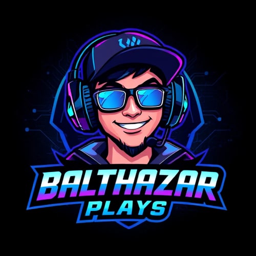 AI Design for Character logo for a gaming YouTube channel named "BalthazarPlays": A dynamic portrait of Balthazar, a young man wearing a stylish cap and high-quality gaming headphones with a prominent microphone. He should have an energetic and engaging expression, reflecting a passion for gaming. Dark, vibrant, and electric colors with accents of neon blue and purple. Bold, modern, and slightly futuristic typography for the channel name. Design with a cybernetic and futuristic influence, leaning towards a digital art style. Incorporate subtle gaming-related graphic elements like circuit board patterns or stylized controller icons within the character's design or background. A dark, textured background with subtle glowing effects.