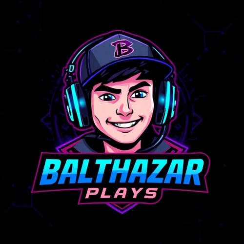 AI Design for Character logo for a gaming YouTube channel named "BalthazarPlays": A dynamic portrait of Balthazar, a young man wearing a stylish cap and high-quality gaming headphones with a prominent microphone. He should have an energetic and engaging expression, reflecting a passion for gaming. Dark, vibrant, and electric colors with accents of neon blue and purple. Bold, modern, and slightly futuristic typography for the channel name. Design with a cybernetic and futuristic influence, leaning towards a digital art style. Incorporate subtle gaming-related graphic elements like circuit board patterns or stylized controller icons within the character's design or background. A dark, textured background with subtle glowing effects.