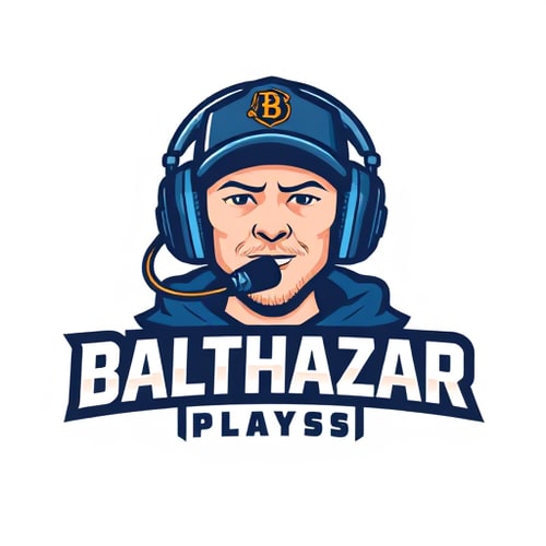 AI Design for Banner for a gaming YouTube channel featuring a guy in a cap and headphones with a microphone, titled BalthazarPlays