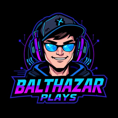 AI Design for Character logo for a gaming YouTube channel named "BalthazarPlays": A dynamic portrait of Balthazar, a young man wearing a stylish cap and high-quality gaming headphones with a prominent microphone. He should have an energetic and engaging expression, reflecting a passion for gaming. Dark, vibrant, and electric colors with accents of neon blue and purple. Bold, modern, and slightly futuristic typography for the channel name. Design with a cybernetic and futuristic influence, leaning towards a digital art style. Incorporate subtle gaming-related graphic elements like circuit board patterns or stylized controller icons within the character's design or background. A dark, textured background with subtle glowing effects.