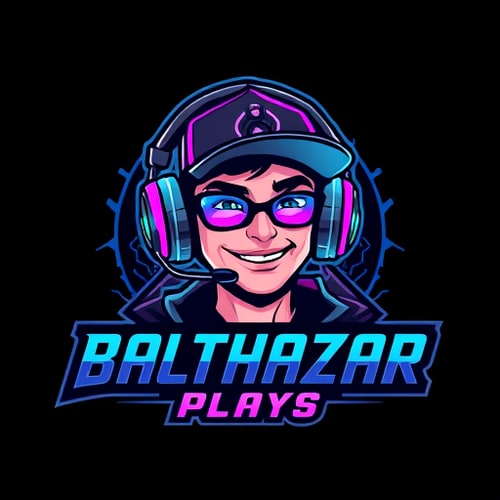 AI Design for Character logo for a gaming YouTube channel named "BalthazarPlays": A dynamic portrait of Balthazar, a young man wearing a stylish cap and high-quality gaming headphones with a prominent microphone. He should have an energetic and engaging expression, reflecting a passion for gaming. Dark, vibrant, and electric colors with accents of neon blue and purple. Bold, modern, and slightly futuristic typography for the channel name. Design with a cybernetic and futuristic influence, leaning towards a digital art style. Incorporate subtle gaming-related graphic elements like circuit board patterns or stylized controller icons within the character's design or background. A dark, textured background with subtle glowing effects.