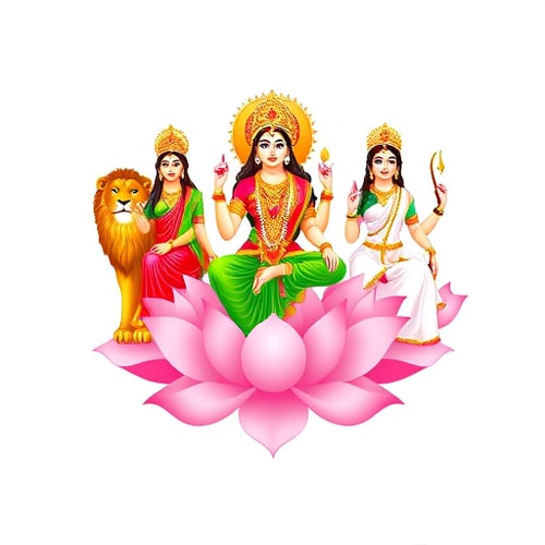 AI Design for Can you create a logo using three hindu goddesses Saraswathi, parwathi, and Laxmi with parwathi in middle sitting on lion with keeping right leg downward and Saraswati on the right side of parwathi sitting on white lotus with veena in one hand and lotus in other hand and also keeping right leg downward and also Laxmi on the side of parwathi sitting on pink Lotus with right leg downward and holding lotus in one hand and gold coins in another hand. Design Laxmi wearing green color saree, parwathi wearing red color saree and Saraswati wearing white color saree. 