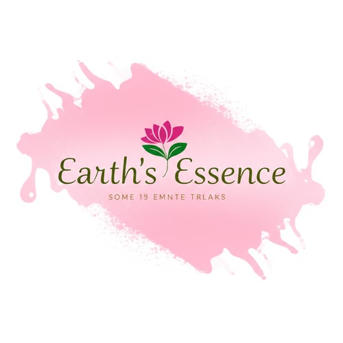 AI Design for EE on top of Earth's Essence and top of EE bold letter one lotus pink flower top on one E and green leaf 🌿 fall on bellow on another E with all Pink shade water drop fall  design on background