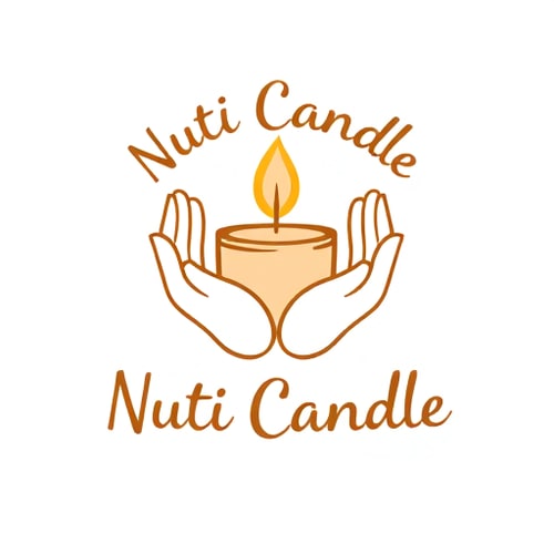 AI Design for Pictorial logo for a candle brand named "Nuti Candle": A candle being held by two hands, with the words "Nuti Candle" at the top and bottom. Warm, earthy tones of amber, cream, and a touch of deep brown. Soft, rounded, and slightly handwritten typography. Design inspired by organic shapes and natural textures, with a gentle and inviting feel. Visual execution involves a subtle gradient within the flame and soft shading on the hands. Plain white background.