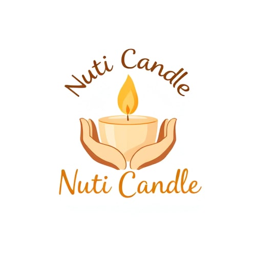 AI Design for Pictorial logo for a candle brand named "Nuti Candle": A candle being held by two hands, with the words "Nuti Candle" at the top and bottom. Warm, earthy tones of amber, cream, and a touch of deep brown. Soft, rounded, and slightly handwritten typography. Design inspired by organic shapes and natural textures, with a gentle and inviting feel. Visual execution involves a subtle gradient within the flame and soft shading on the hands. Plain white background.