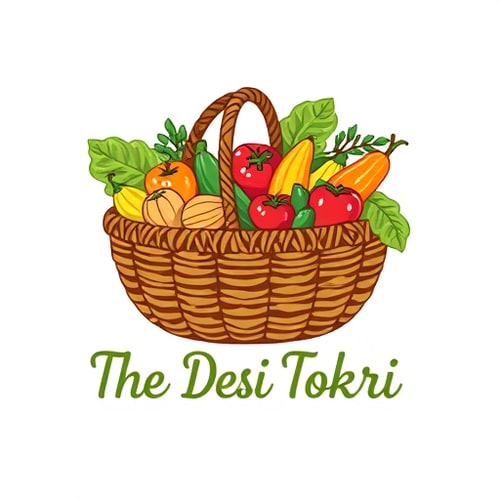 AI Design for Pictorial logo for a new Indian-inspired grocery brand named "The Desi Tokri": A beautifully illustrated woven basket overflowing with vibrant, fresh fruits and vegetables. Color palette: Earthy browns for the basket, with pops of rich greens, reds, oranges, and yellows for the produce, evoking freshness and abundance. Typography: A friendly, slightly rustic handwritten script or a clean, sans-serif font with a touch of warmth. Design: Modern Indian folk art influence, with a clean and inviting style. Visual execution: Detailed yet stylized illustrations of common Indian produce like mangoes, chilies, gourds, and leafy greens, arranged artfully in the basket. Background type: White or a subtle textured linen.