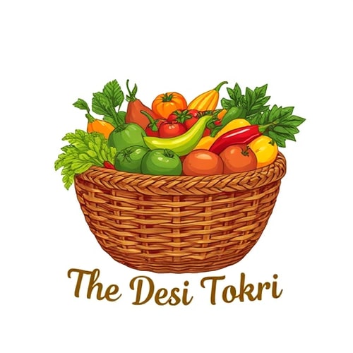 AI Design for Pictorial logo for a new Indian-inspired grocery brand named "The Desi Tokri": A beautifully illustrated woven basket overflowing with vibrant, fresh fruits and vegetables. Color palette: Earthy browns for the basket, with pops of rich greens, reds, oranges, and yellows for the produce, evoking freshness and abundance. Typography: A friendly, slightly rustic handwritten script or a clean, sans-serif font with a touch of warmth. Design: Modern Indian folk art influence, with a clean and inviting style. Visual execution: Detailed yet stylized illustrations of common Indian produce like mangoes, chilies, gourds, and leafy greens, arranged artfully in the basket. Background type: White or a subtle textured linen.