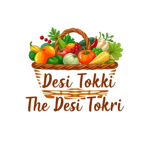 AI Design for wordmark for a new Indian-inspired grocery brand named "The Desi Tokri": A beautifully illustrated woven basket overflowing with vibrant, fresh fruits and vegetables. Color palette: Earthy browns for the basket, with pops of rich greens, reds, oranges, and yellows for the produce, evoking freshness and abundance. Typography: A friendly, slightly rustic handwritten script or a clean, sans-serif font with a touch of warmth. Design: Modern Indian folk art influence, with a clean and inviting style. Visual execution: Detailed yet stylized illustrations of common Indian produce like mangoes, chilies, gourds, and leafy greens, arranged artfully in the basket. Background type: White or a subtle textured linen.