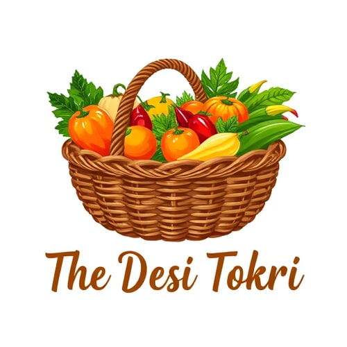 AI Design for wordmark for a new Indian-inspired grocery brand named "The Desi Tokri": A beautifully illustrated woven basket overflowing with vibrant, fresh fruits and vegetables. Color palette: Earthy browns for the basket, with pops of rich greens, reds, oranges, and yellows for the produce, evoking freshness and abundance. Typography: A friendly, slightly rustic handwritten script or a clean, sans-serif font with a touch of warmth. Design: Modern Indian folk art influence, with a clean and inviting style. Visual execution: Detailed yet stylized illustrations of common Indian produce like mangoes, chilies, gourds, and leafy greens, arranged artfully in the basket. Background type: White or a subtle textured linen.