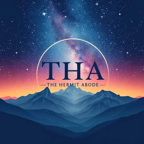 AI Design for Create a square-shaped logo for THA – The Hermit Abode. The design should feature a stunning Milky Way sky arching over majestic mountains, using realistic, vibrant colours. The name THA should be the focal point, with 'The Hermit Abode' elegantly integrated below or beside it. The overall style should be a detailed vector illustration, suitable for scaling without losing quality. The mood should feel serene, luxurious, and nature-inspired.