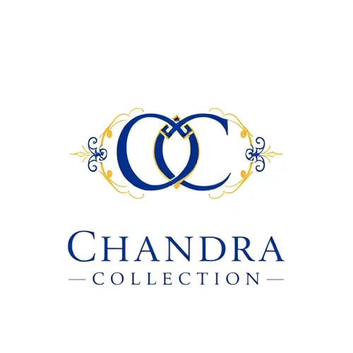 AI Design for Letterform logo for a luxury jewelry brand named "Chandra Collection": Intertwined CC monogram forming a subtle infinity symbol, representing timeless elegance and connection, Gold and deep sapphire blue, Elegant serif font for "Chandra Collection" below the monogram, Art Nouveau influence with delicate curves and flowing lines, Intricate filigree details on the edges of the CC, transparent background